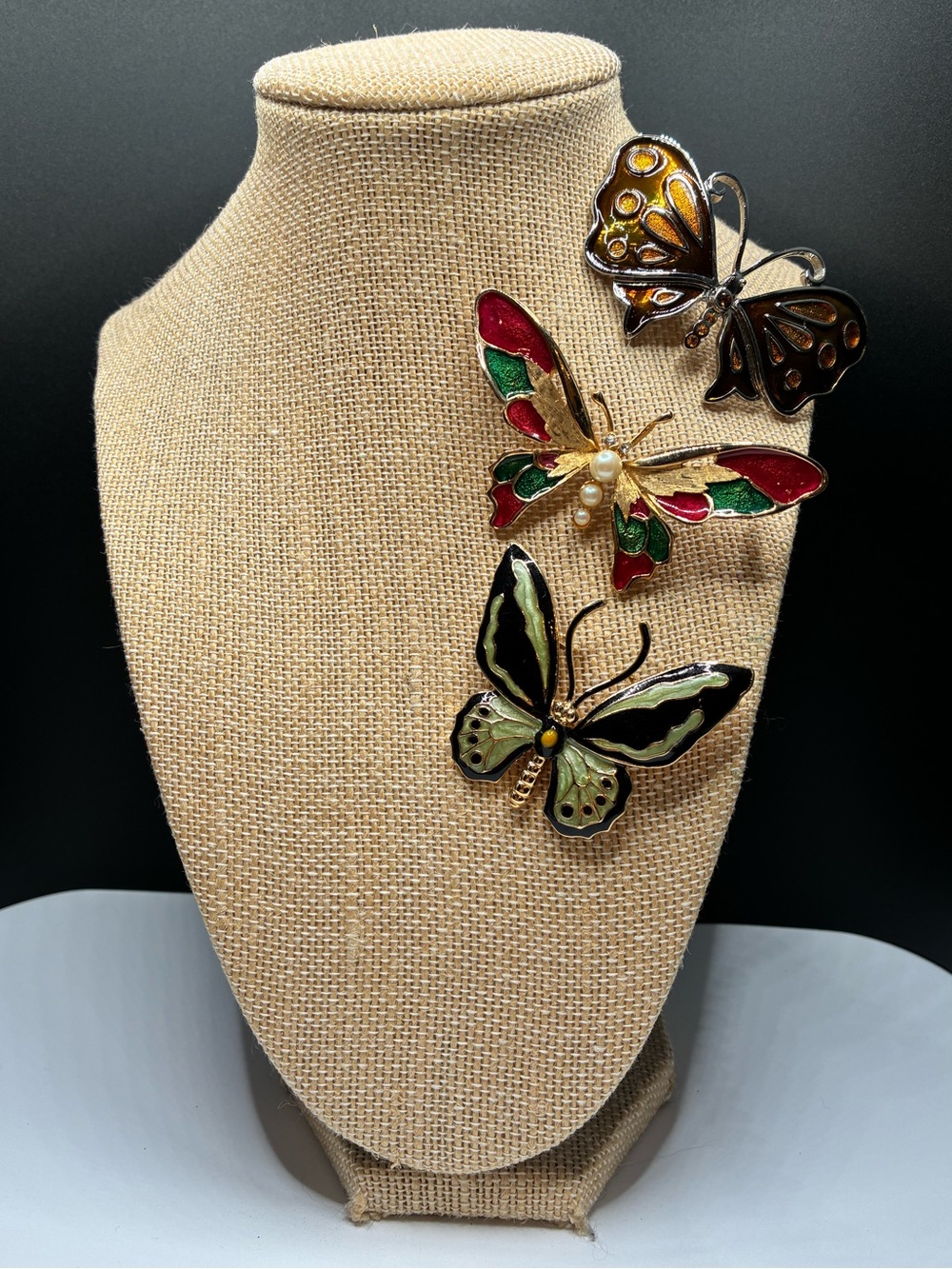 Vintage Butterfly Trio Enamel Brooch Set - Multicolor